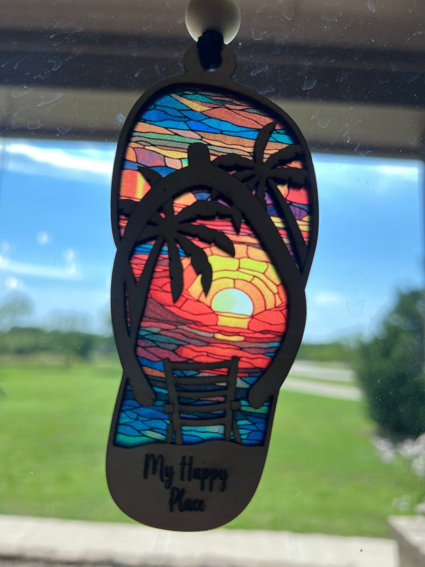 Flip Flop Sunrise Suncatcher featuring rustic wood and multicolor acrylic with a stained glass effect.