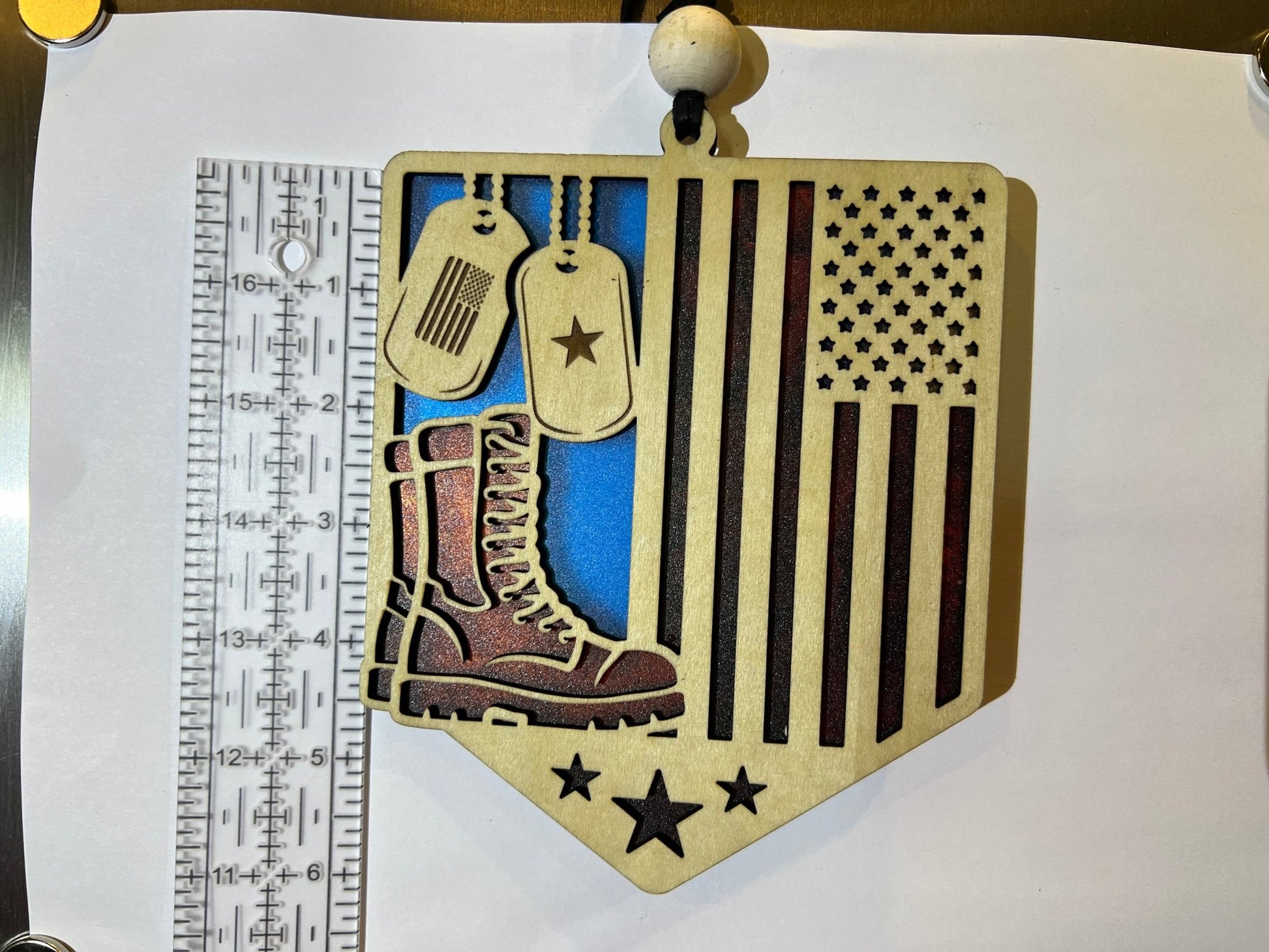 Multicolor stained glass effect suncatcher in wood and acrylic, honoring soldiers unit with horizonatl ruler.