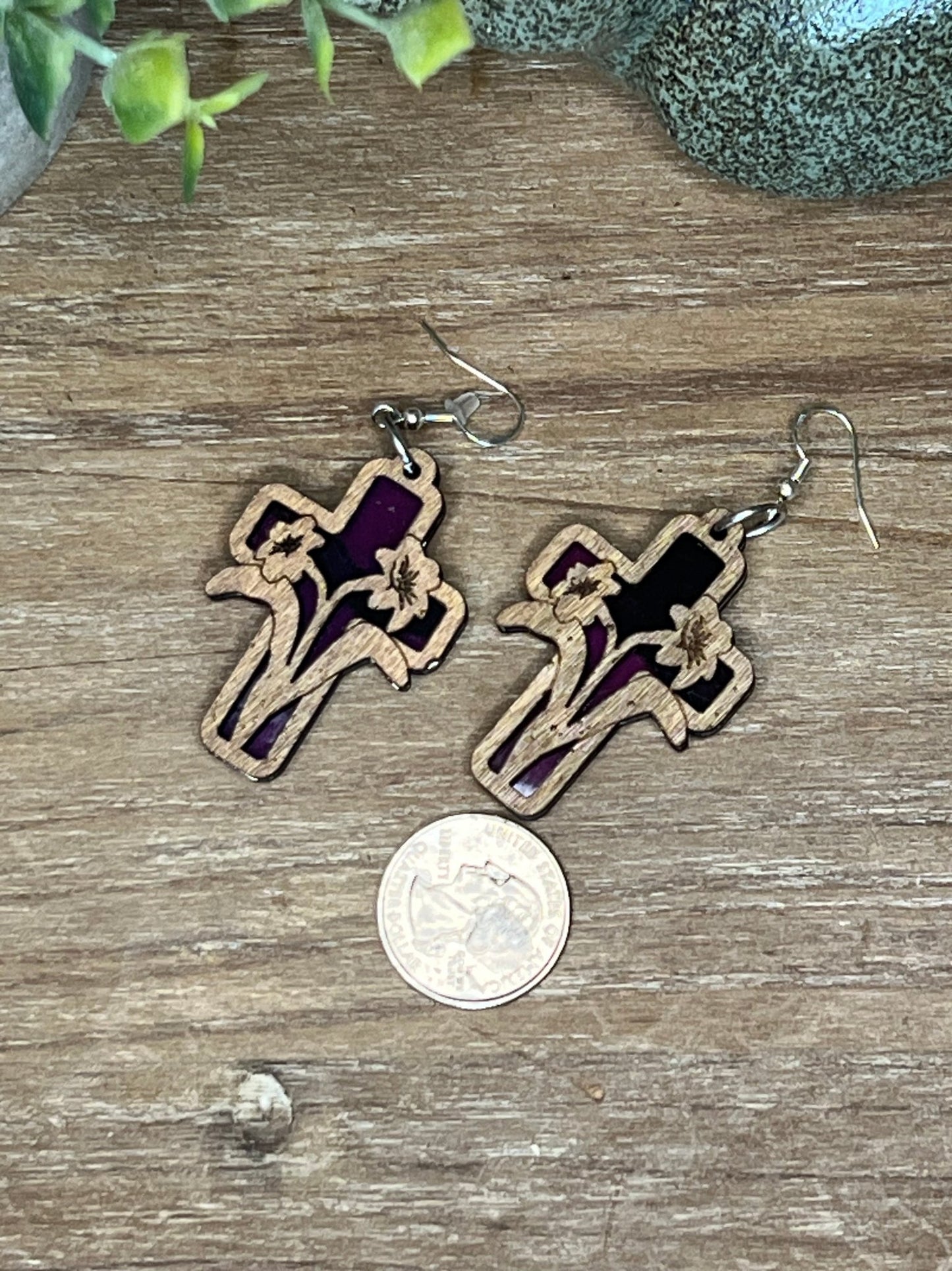 Lily Cross Suncatcher Earrings with stained glass effect in wood and acrylic.