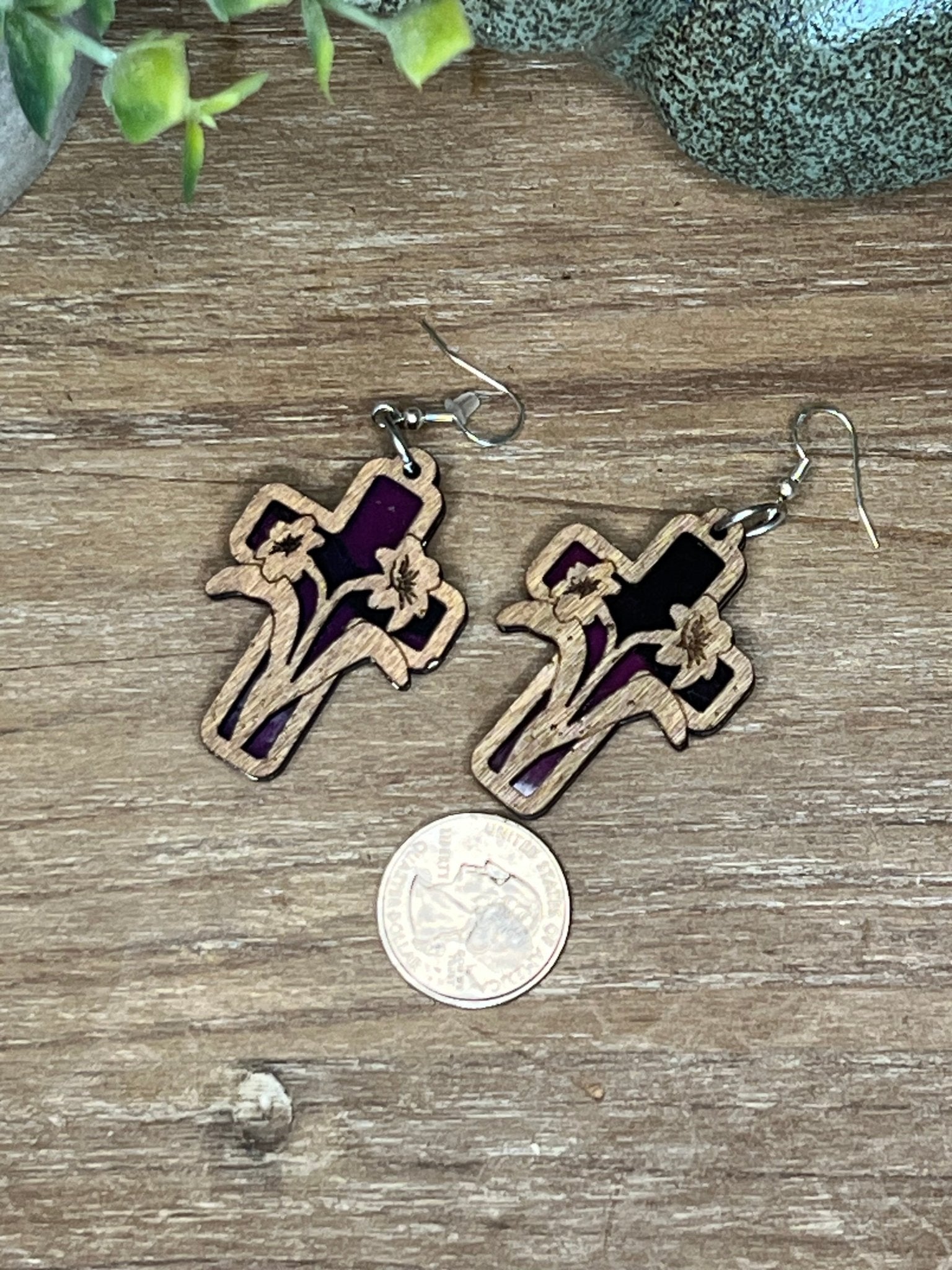 Lily Cross Suncatcher Earrings with stained glass effect in wood and acrylic.