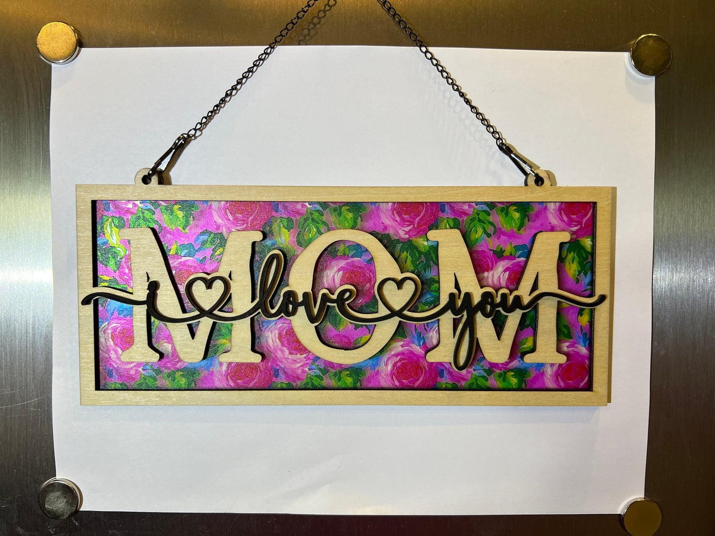 Beautiful mom suncatcher with pink floral design in wood and acrylic, 4.25 x 9.5 inches.