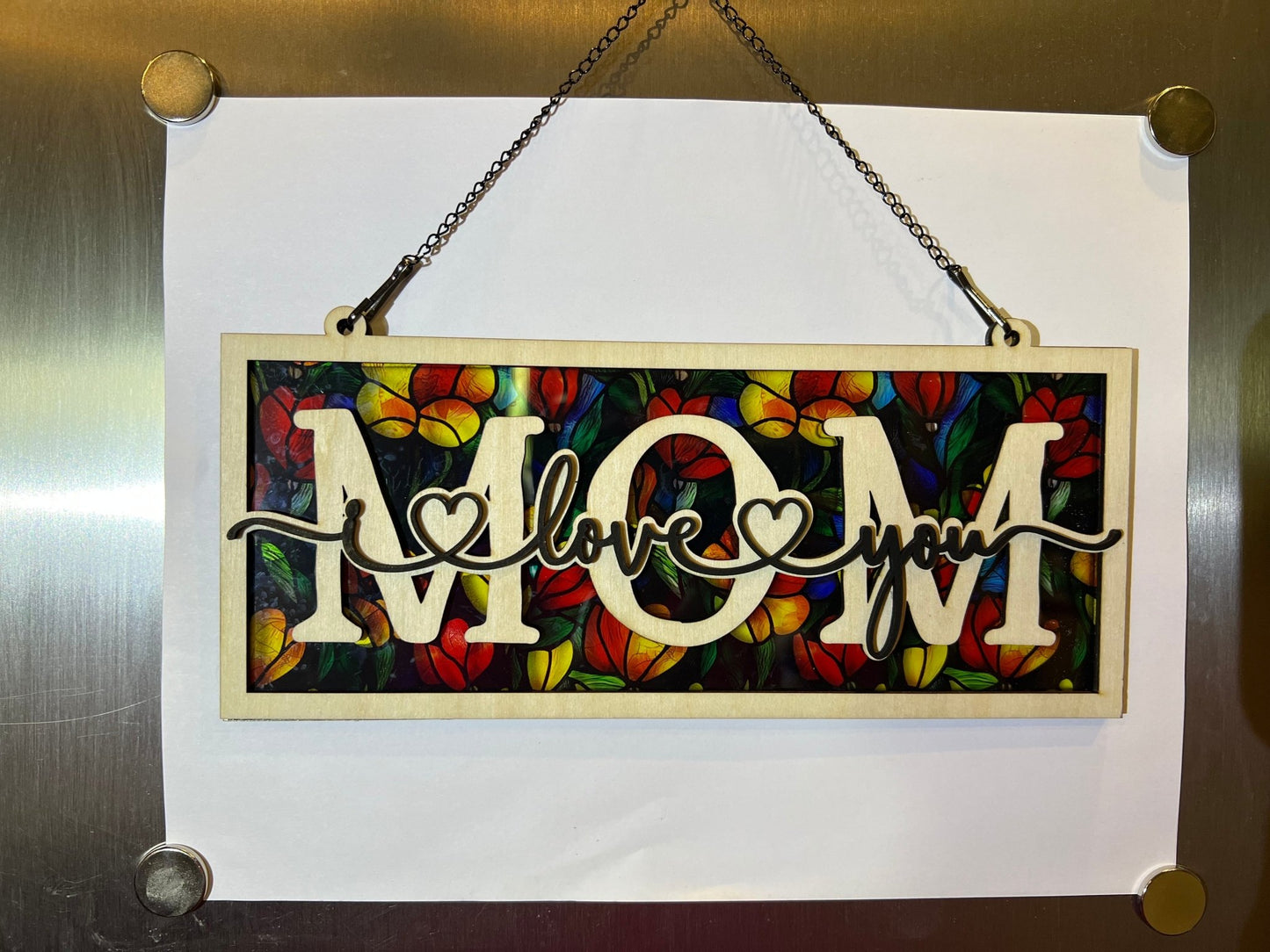 Yellow floral suncatcher with wood and acrylic, rustic charm, 4.25x9.5 inches.