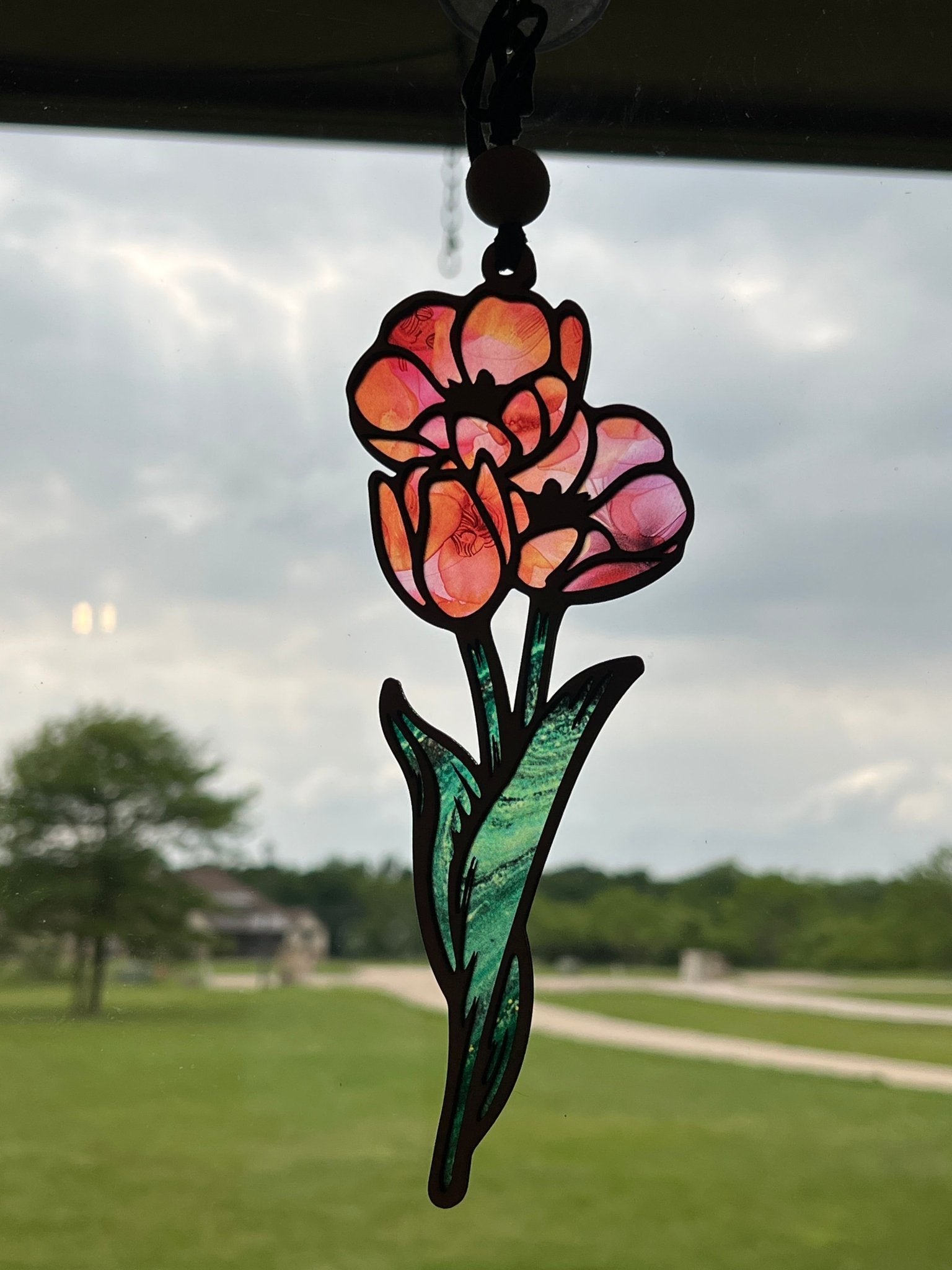 Pink and Coral Flowers Suncatcher featuring stained glass effect with acrylic and wood materials.