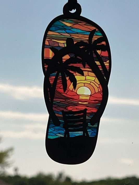 Flip Flop Sunrise Suncatcher featuring rustic wood and multicolor acrylic with a stained glass effect in sunlight.