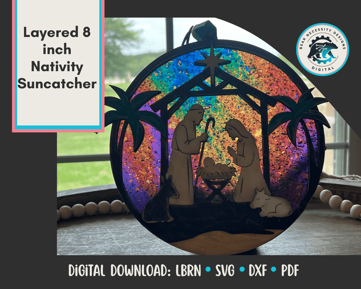 Nativity Scene Suncatcher SVG – 8" Layered Holy Family Laser Cut File (Digital Download)