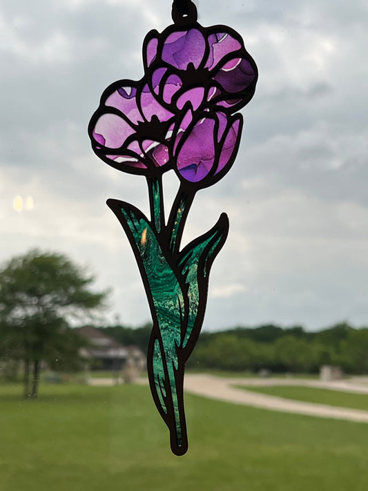Purple flower with stem suncatcher made of wood and acrylic with rustic charm.