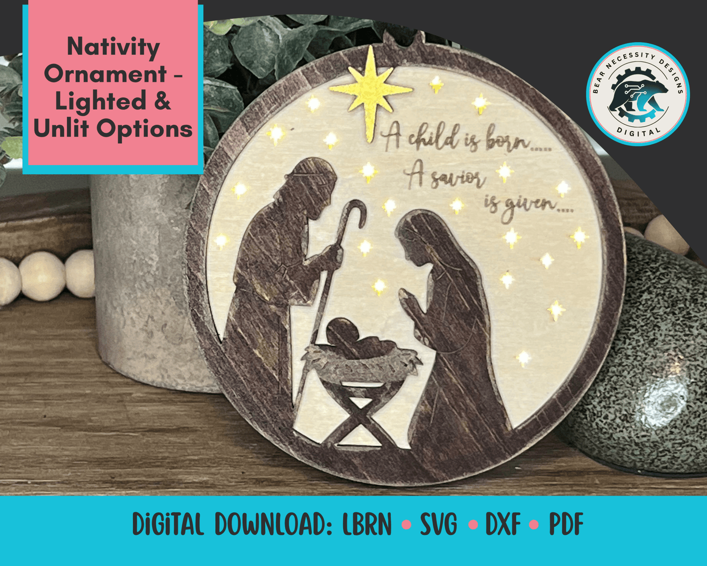 Lighted Nativity Ornament SVG – Layered Christmas Laser Cut File (Digital Download)