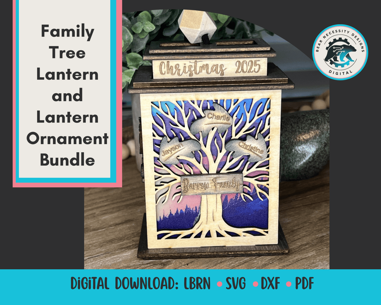 Family Tree Lantern & Ornament SVG – Personalized Christmas Laser Cut File (Digital Download)