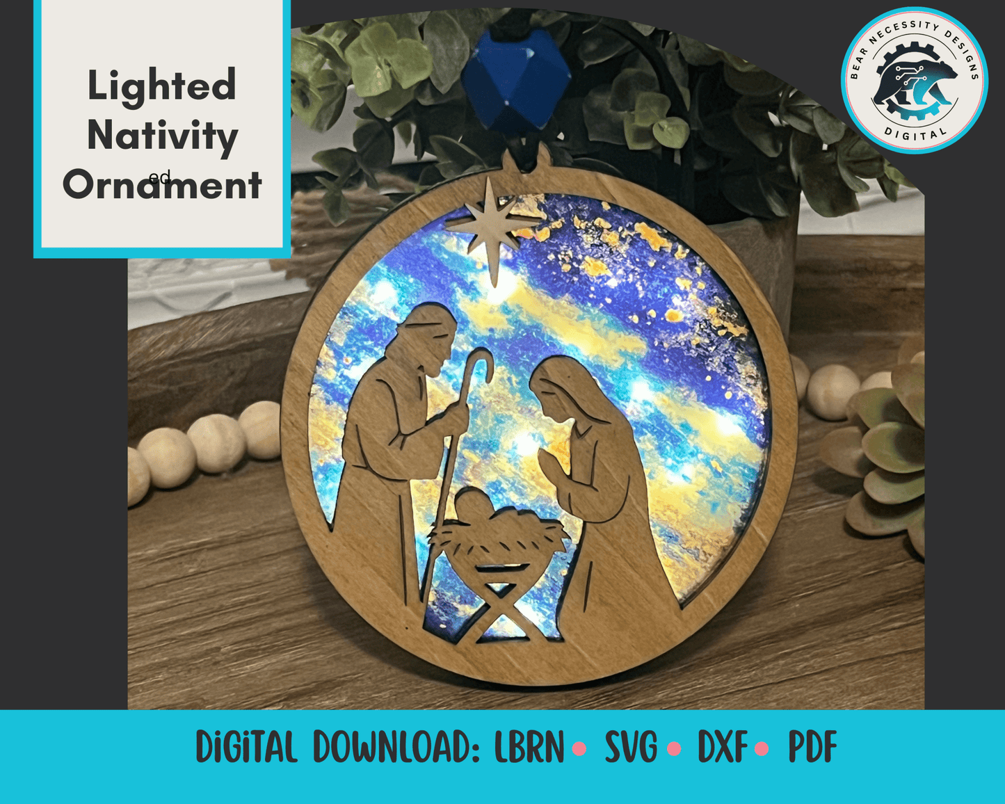 Lighted Nativity Ornament SVG – Layered Christmas Laser Cut File (Digital Download)