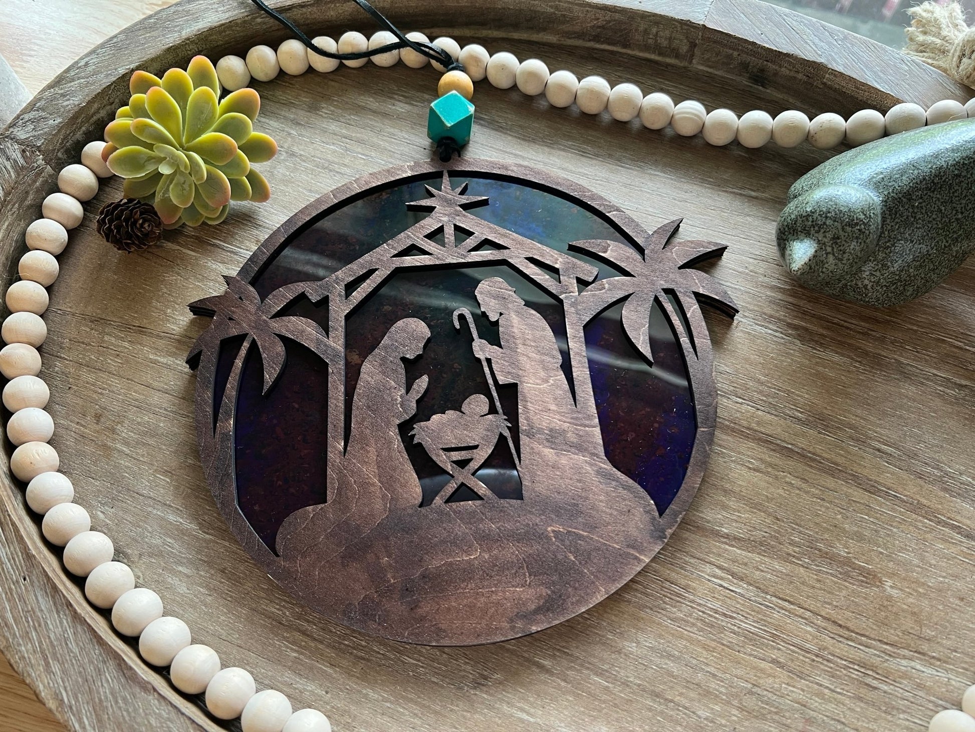 Haunted House Lantern Nightlight with stained glass effect in golden oak wood, perfect for rustic decor - back view.