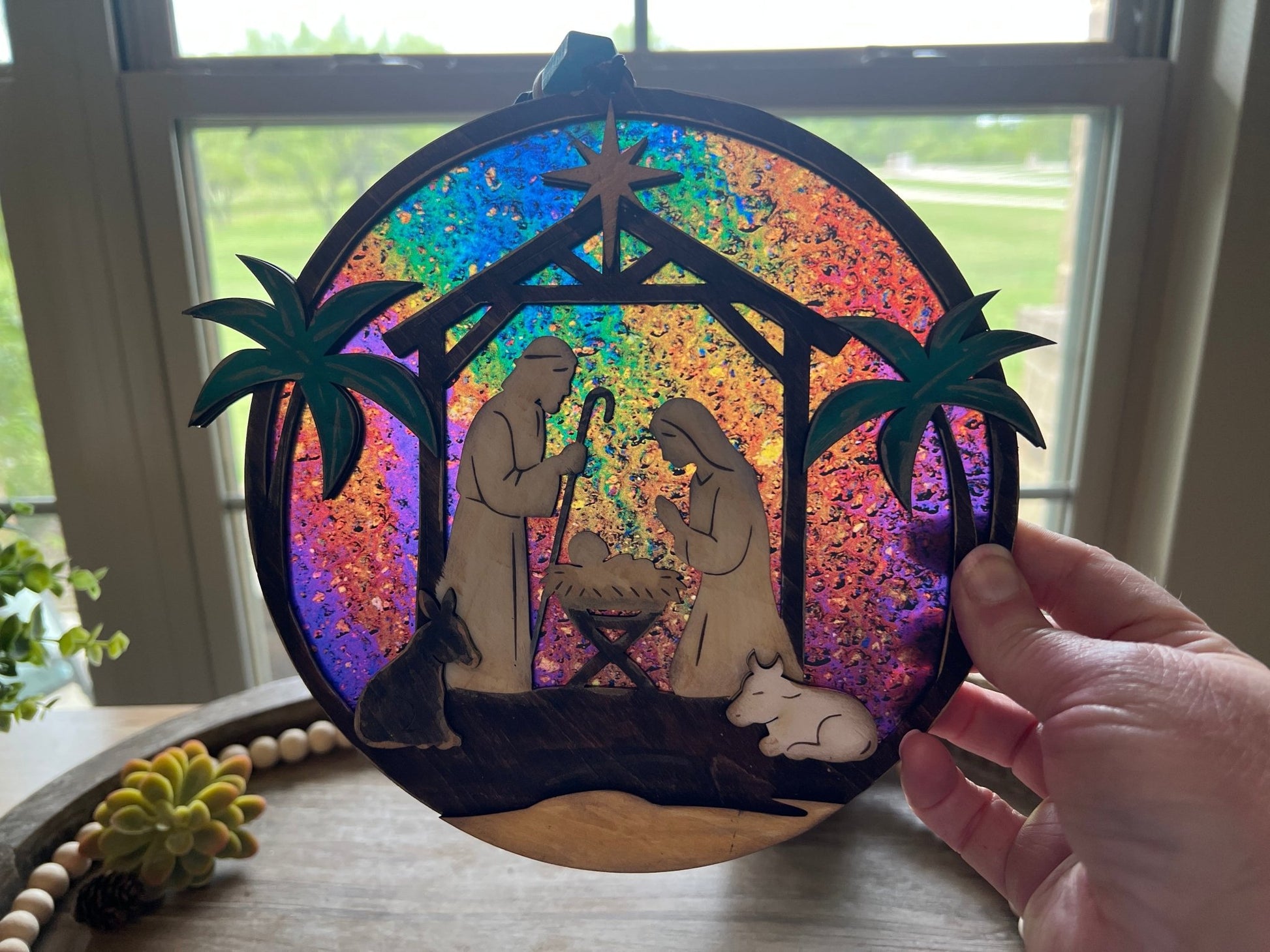 Haunted House Lantern Nightlight with stained glass effect in golden oak wood, perfect for rustic decor - natural light shining through.