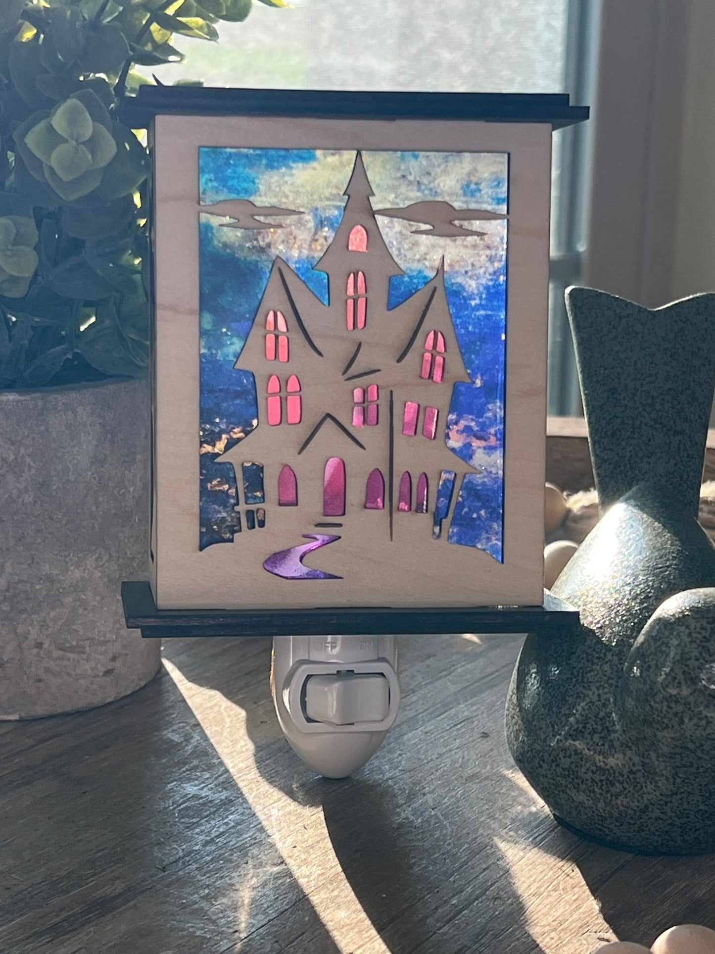 Haunted House Nightlight - Rustic Wood Lantern for Halloween