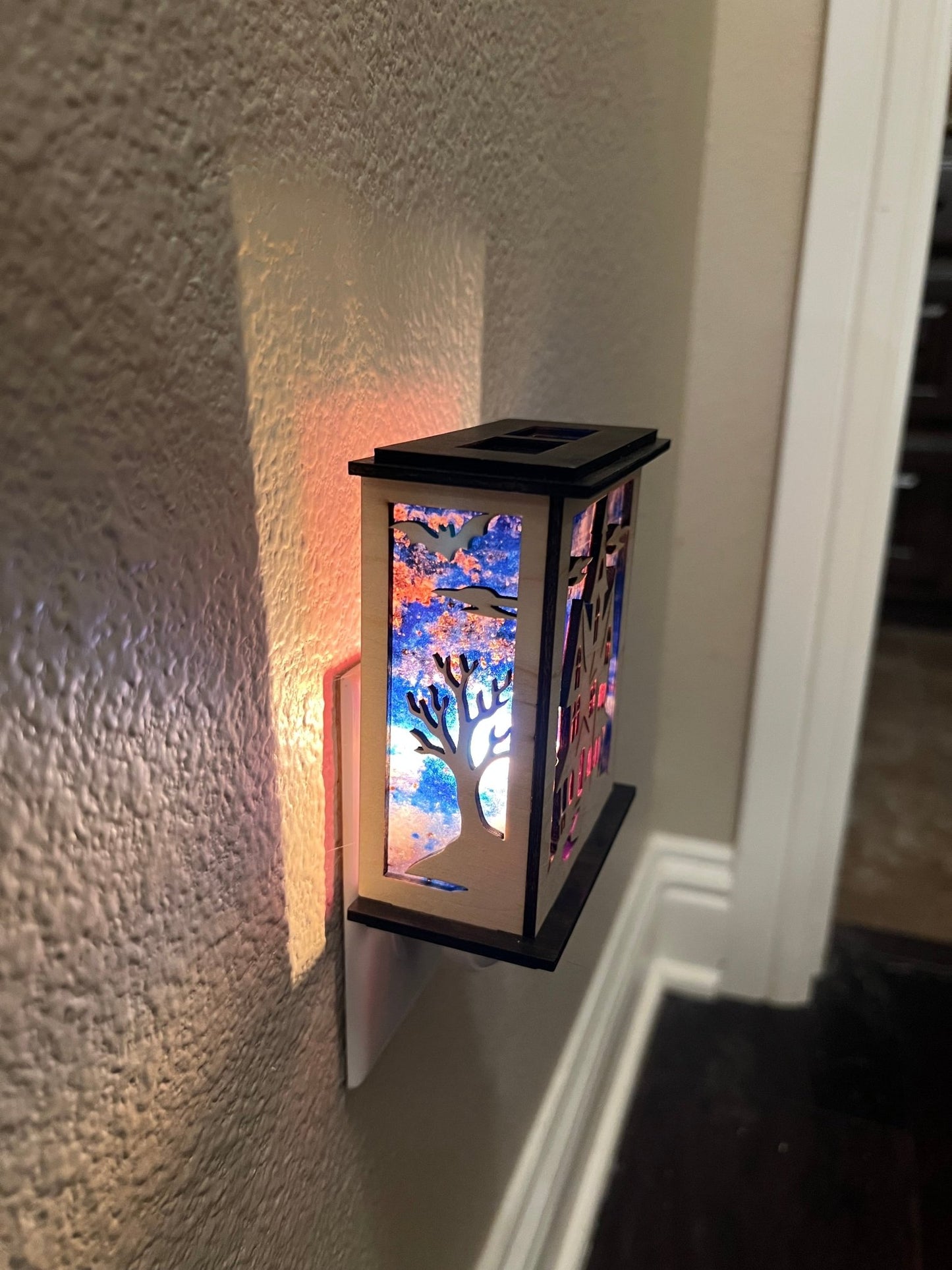 Haunted House Nightlight - Rustic Wood Lantern for Halloween