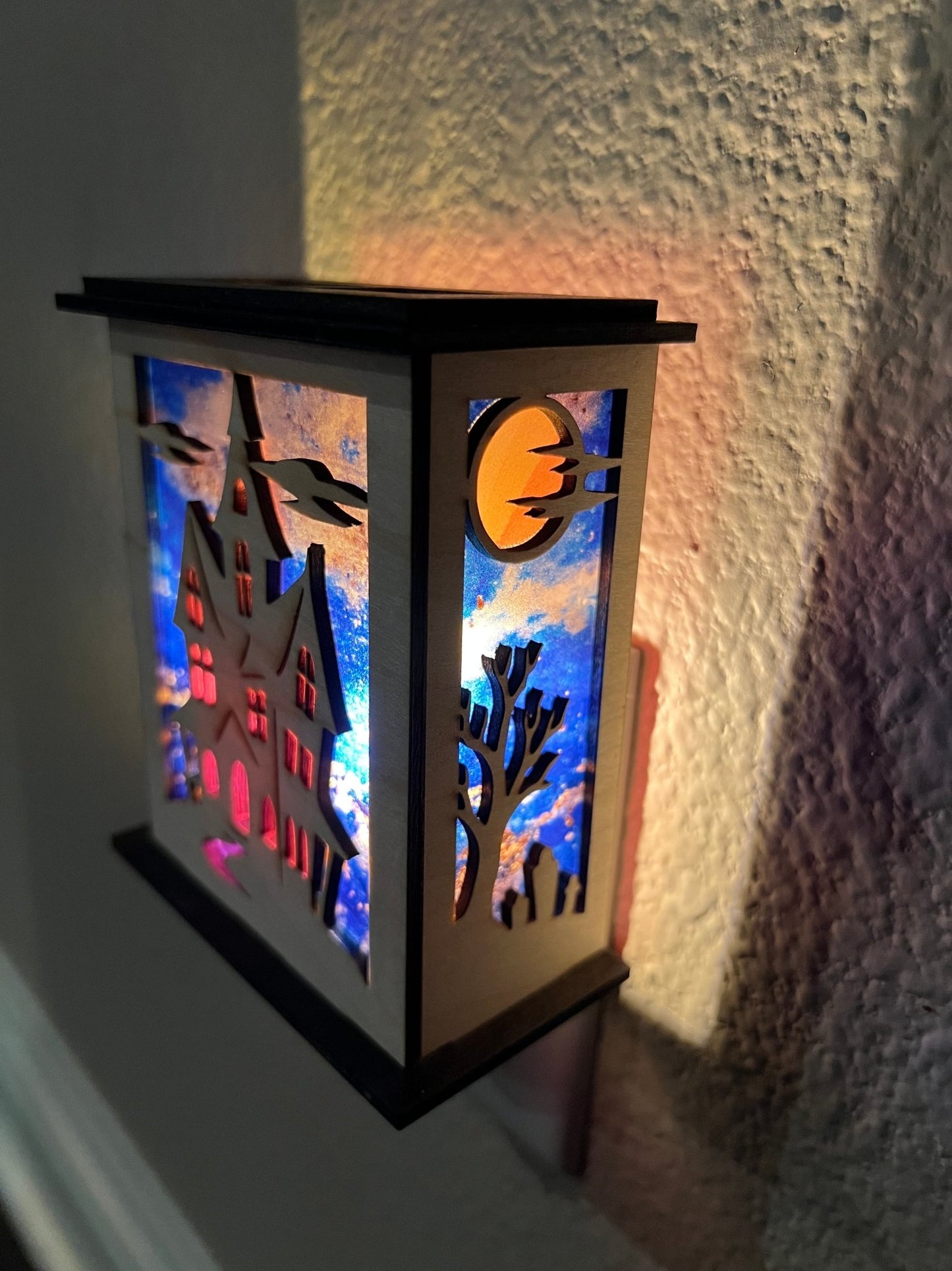 Haunted House Nightlight - Rustic Wood Lantern for Halloween
