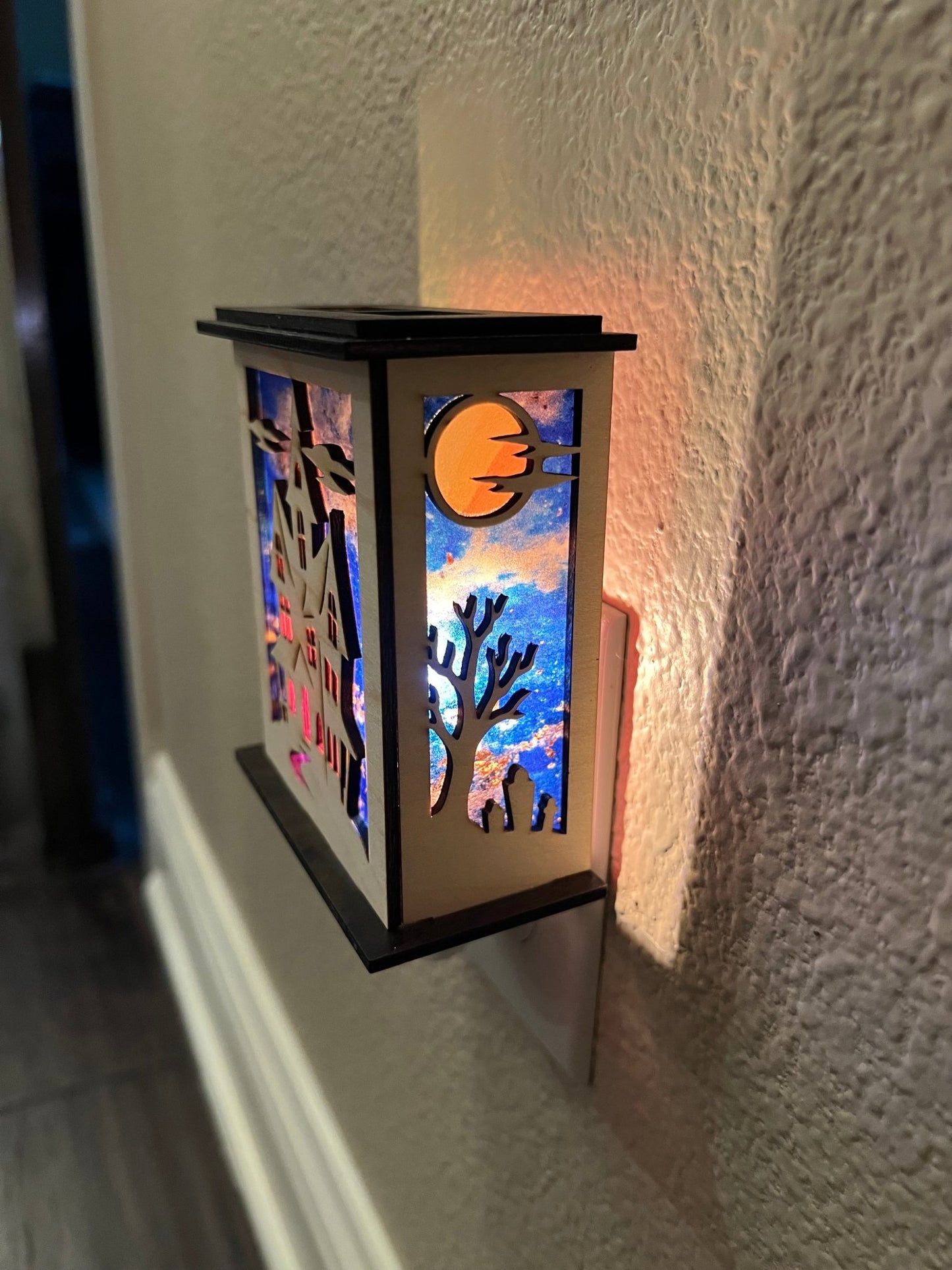 Haunted House Nightlight - Rustic Wood Lantern for Halloween