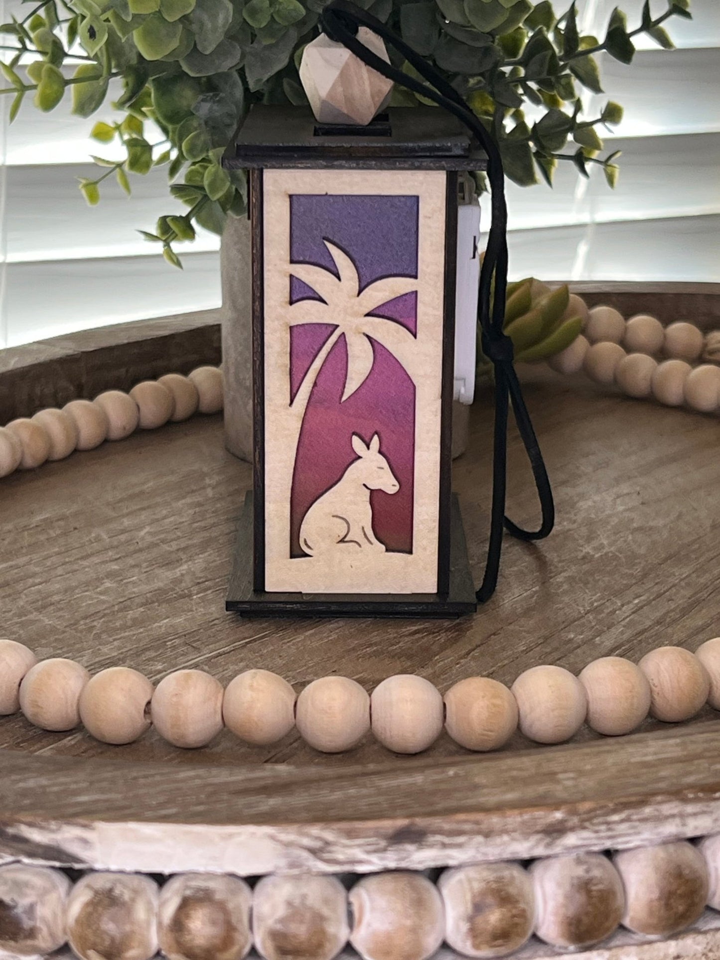 Lighted Christmas Nativity Lantern Ornament made with a natural and walnut stain and acrylic, right side, unlighted view.